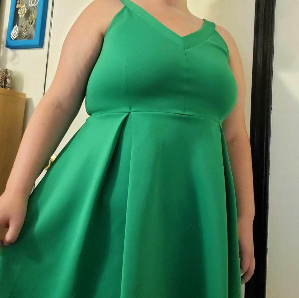 Green Fit-and-Flare V-Neck Dress